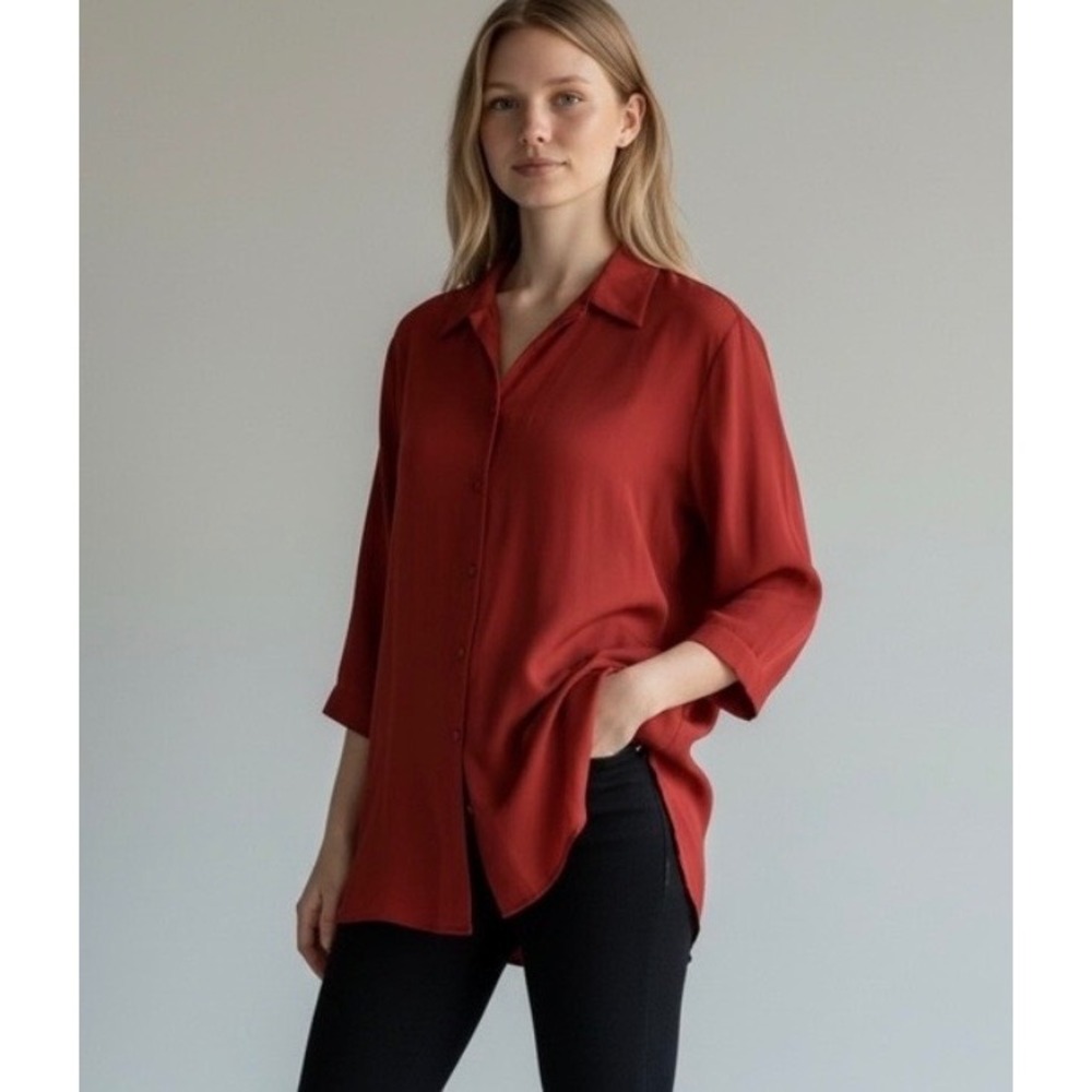 NEW Burgundy Button Down Size XL Long Sleeve Tunic‎ Top 3/4 Length